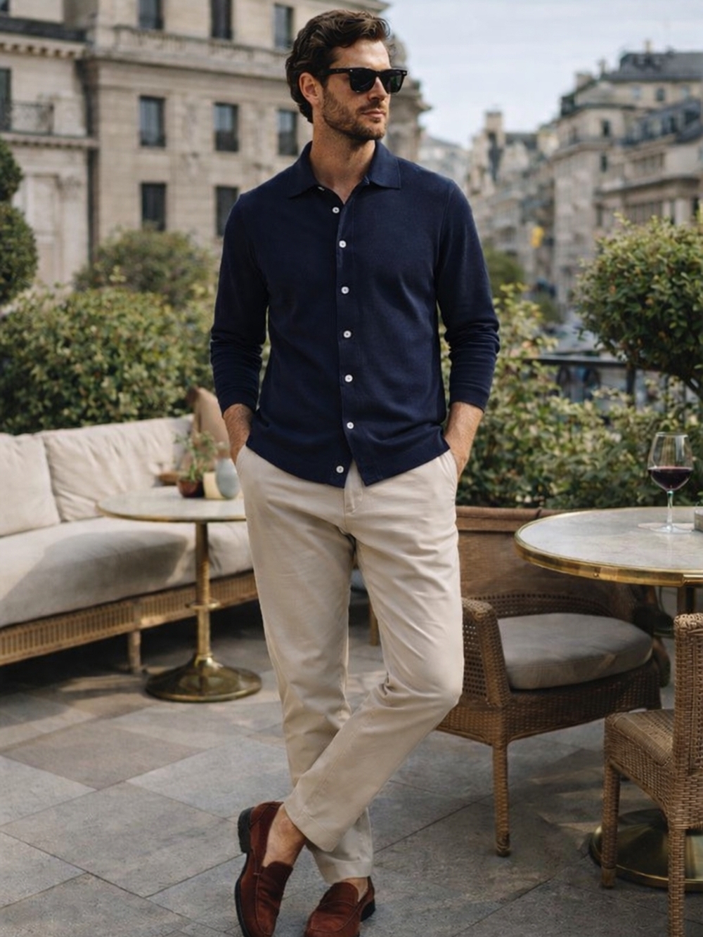 Suitsupply Cotton Silk Polo Shirt Mens L Navy Blue Long Sleeve Button Front